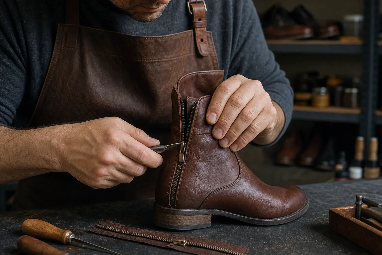 Profissional consertando o zíper de uma bota com cuidado e precisão.