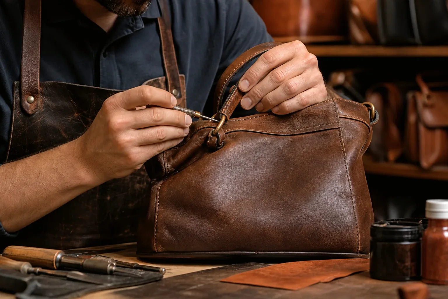 Profissional reformando bolsa de couro com materiais de qualidade.