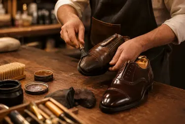 Profissional reformando sapatos sociais em um ambiente de trabalho.